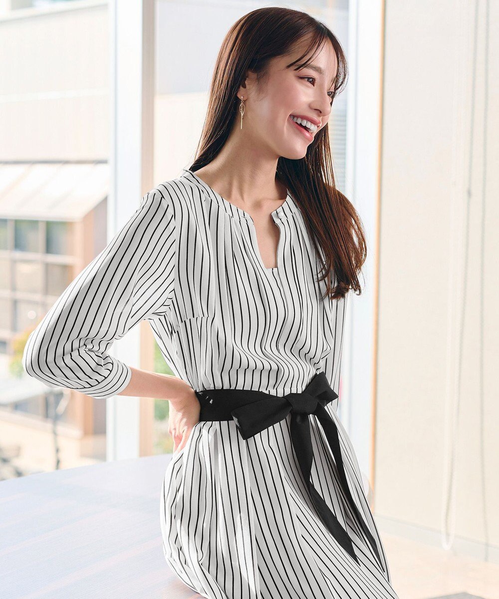 Tiaclasse 【2WAY・洗える】バンドカラーストライプリボンワンピース 