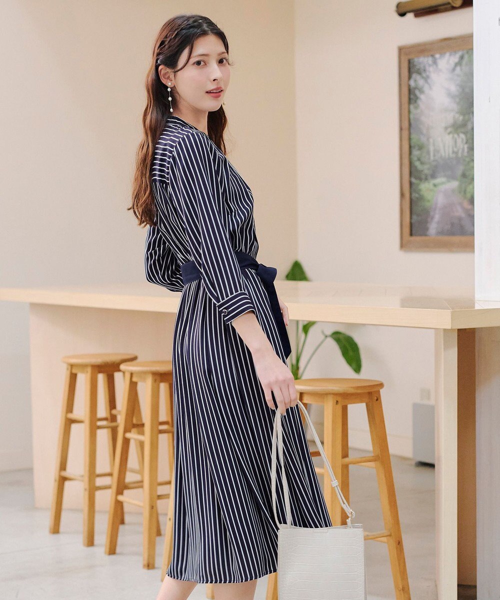 Tiaclasse 【2WAY・洗える】バンドカラーストライプリボンワンピース 