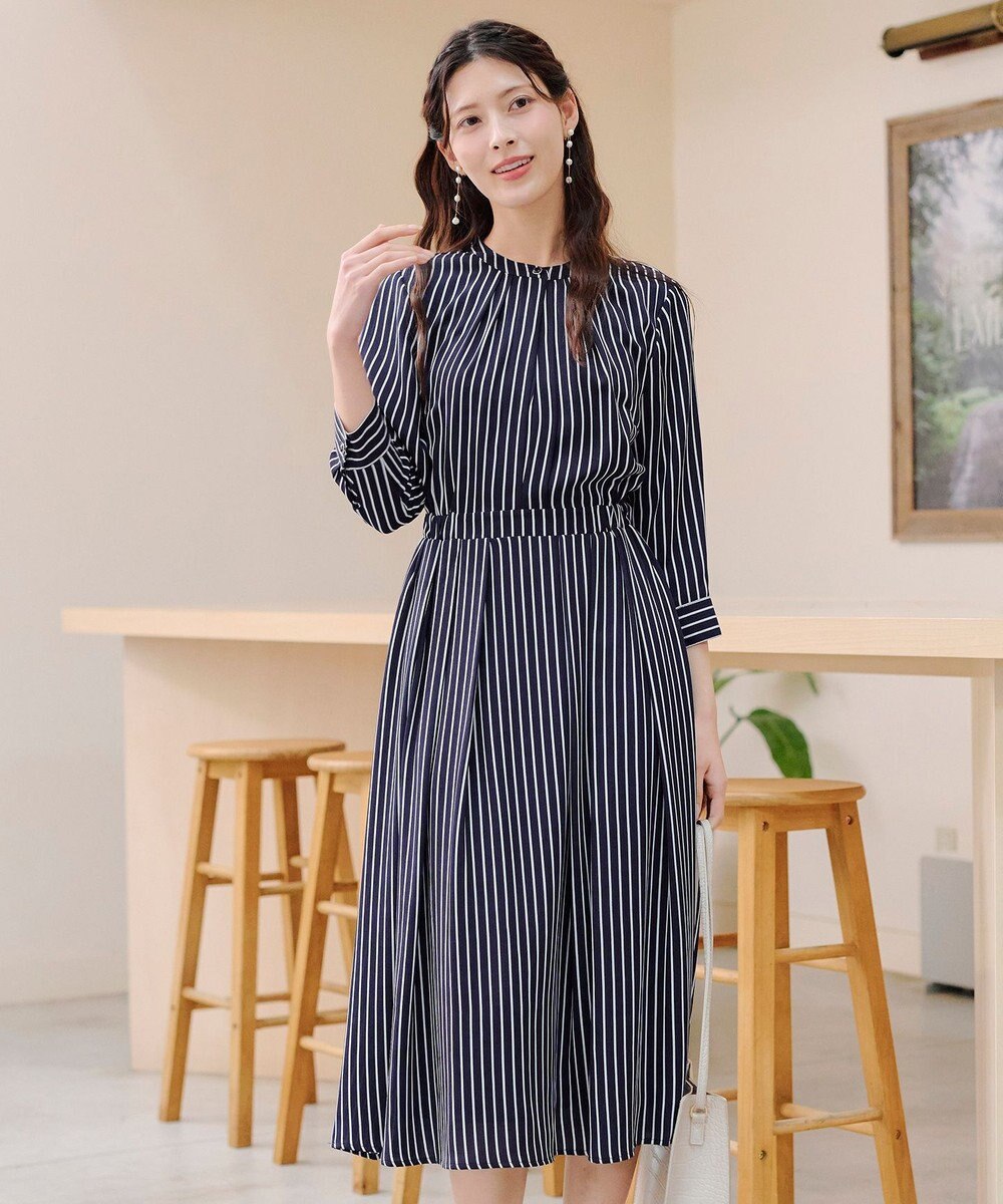 Tiaclasse 【2WAY・洗える】バンドカラーストライプリボンワンピース 