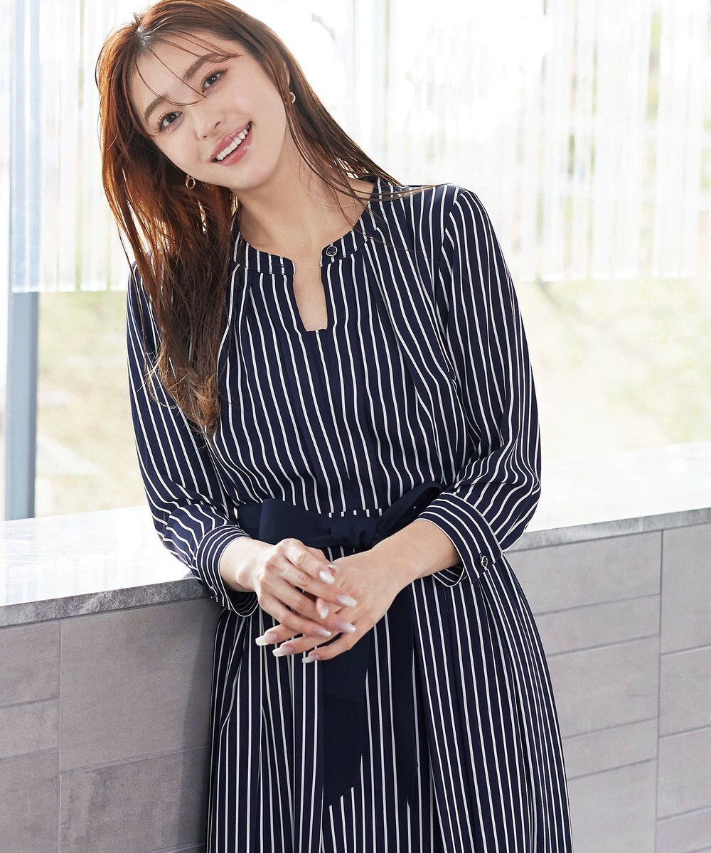 Tiaclasse 【2WAY・洗える】バンドカラーストライプリボンワンピース 