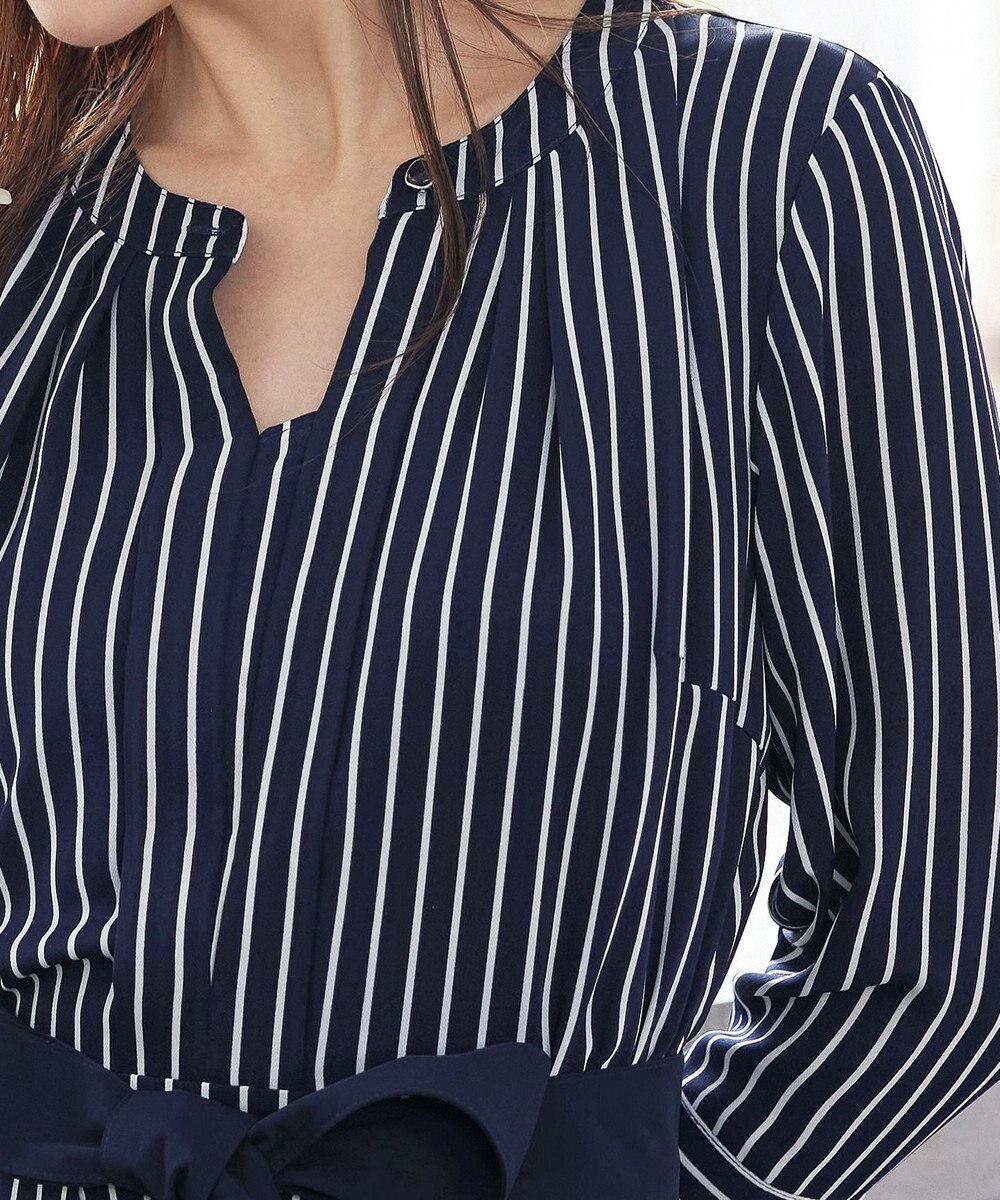 Tiaclasse 【2WAY・洗える】バンドカラーストライプリボンワンピース 