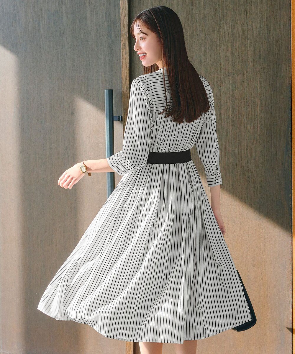 Tiaclasse 【2WAY・洗える】バンドカラーストライプリボンワンピース 
