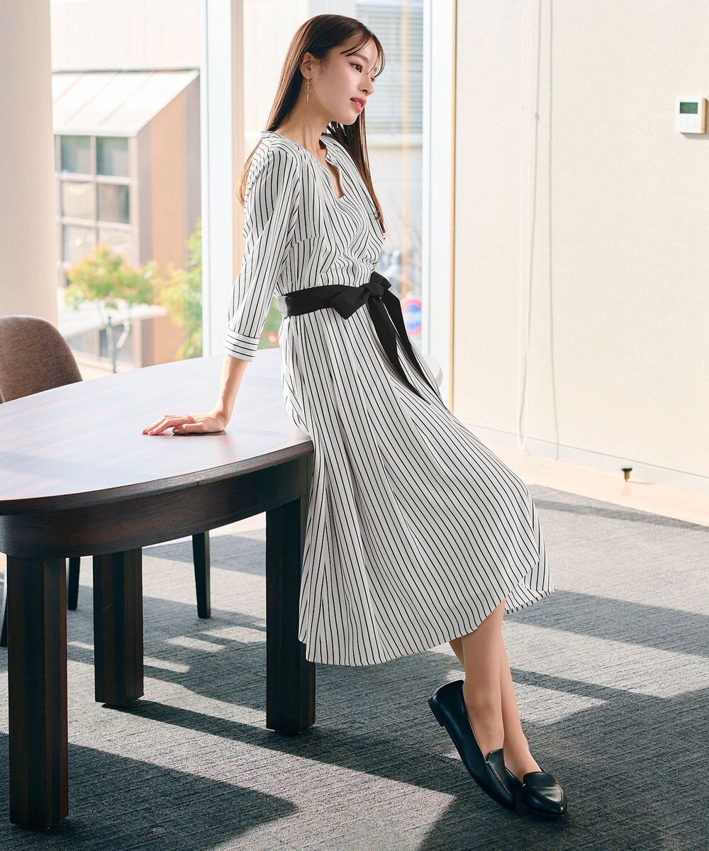 Tiaclasse 【2WAY・洗える】バンドカラーストライプリボンワンピース 