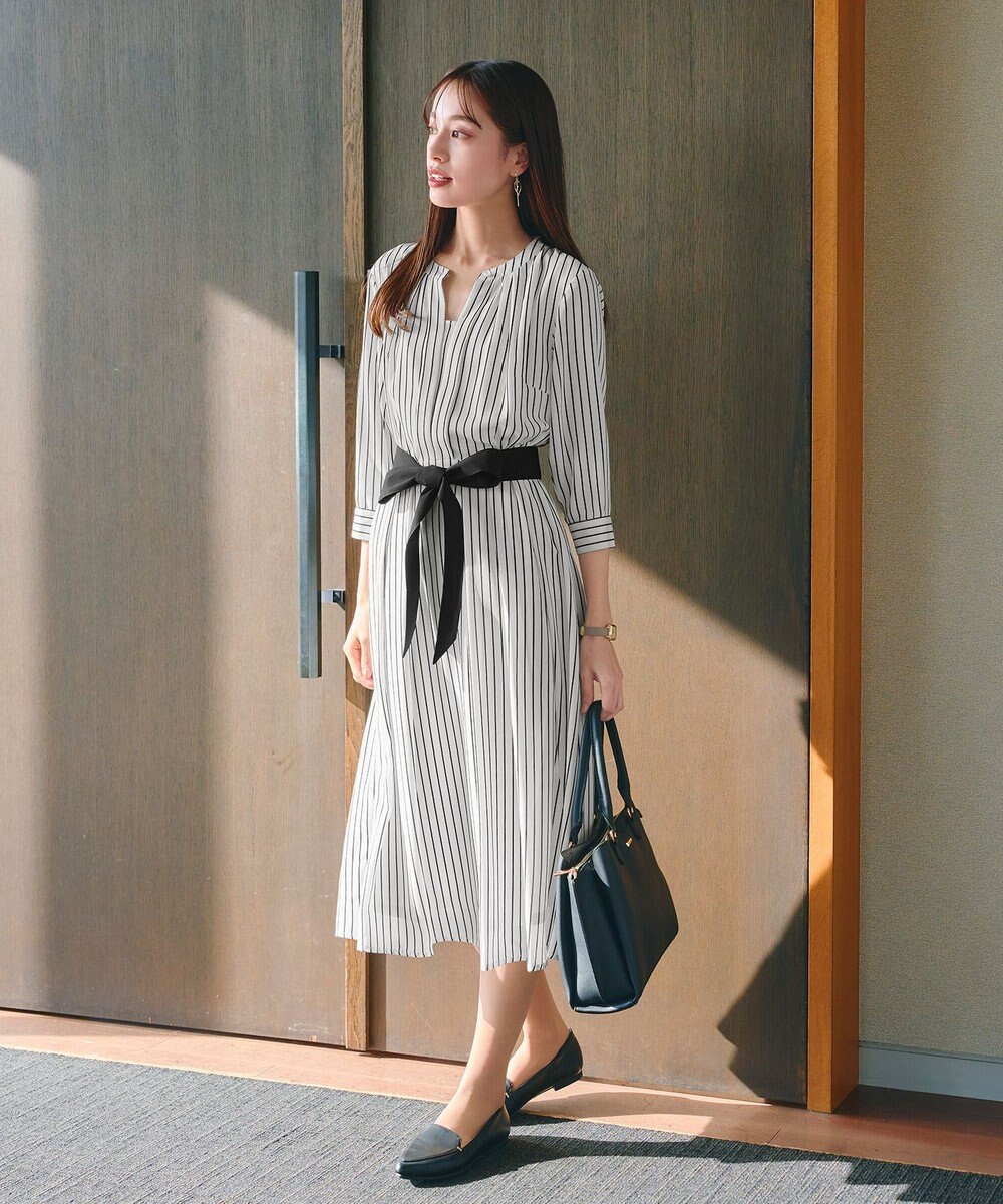 Tiaclasse 【2WAY・洗える】バンドカラーストライプリボンワンピース 