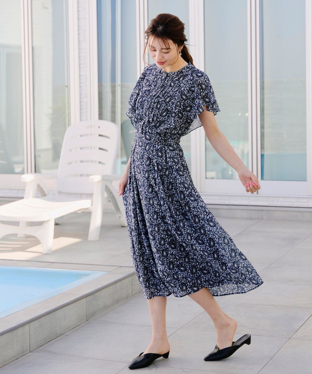 Tiaclasse L 【洗える】ペイズリー柄フレアスリーブワンピース 