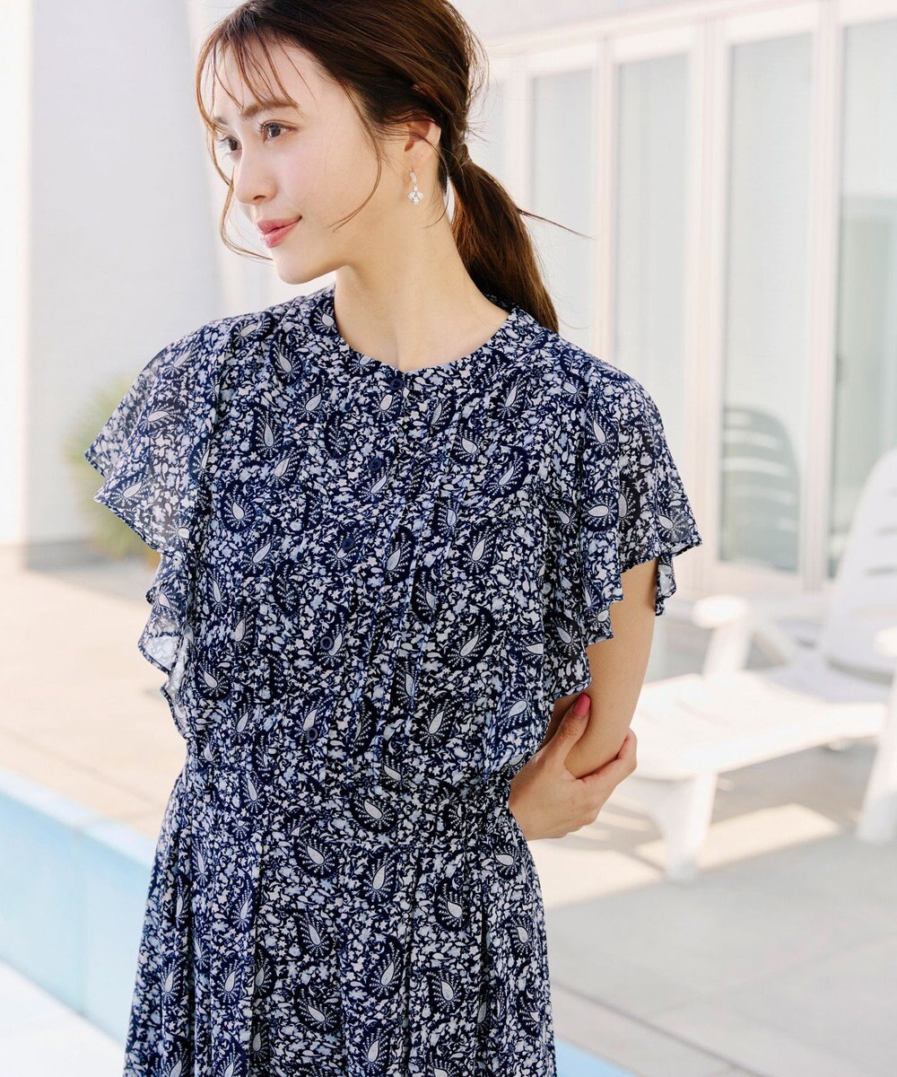 Tiaclasse L 【洗える】ペイズリー柄フレアスリーブワンピース 