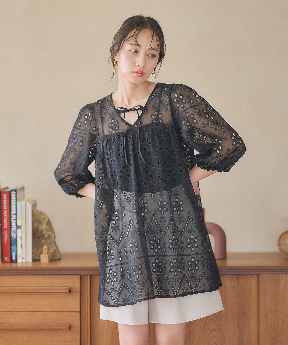 earth music&ecology パフスリーブ楊柳刺繍チュニック 