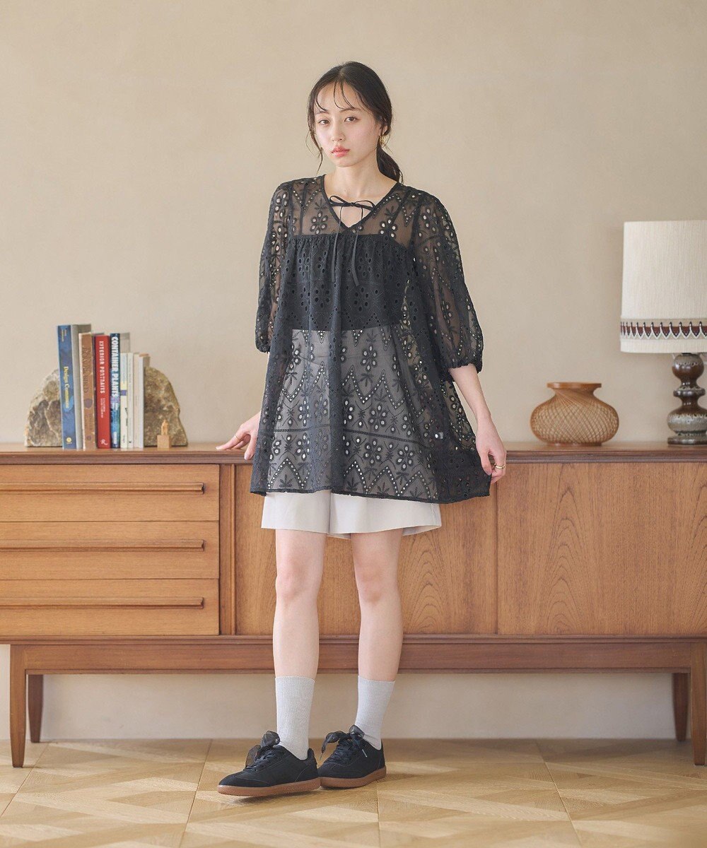 earth music&ecology パフスリーブ楊柳刺繍チュニック 