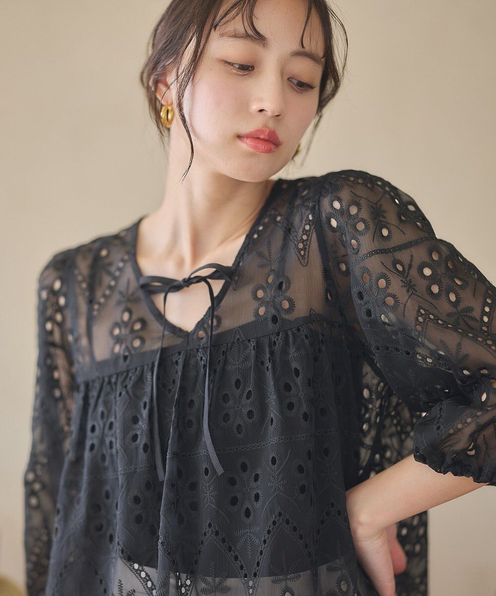 earth music&ecology パフスリーブ楊柳刺繍チュニック 