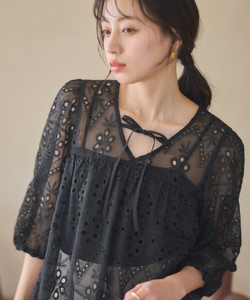 earth music&ecology パフスリーブ楊柳刺繍チュニック 