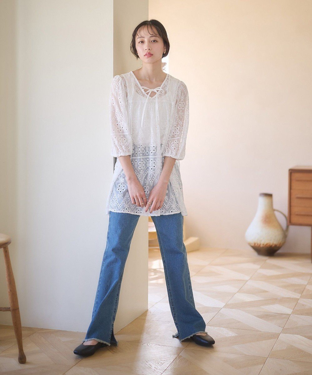 earth music&ecology パフスリーブ楊柳刺繍チュニック 