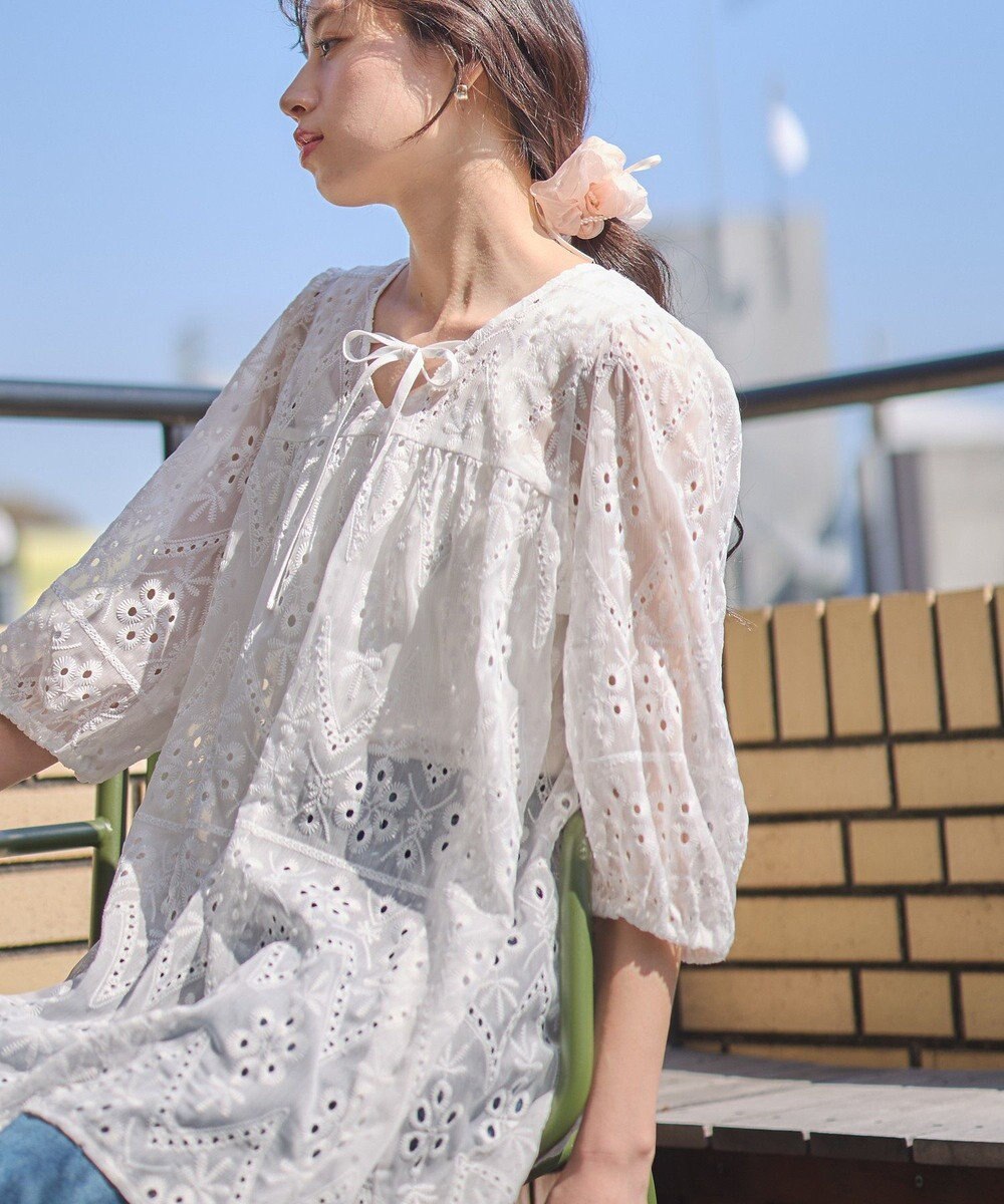 earth music&ecology パフスリーブ楊柳刺繍チュニック 