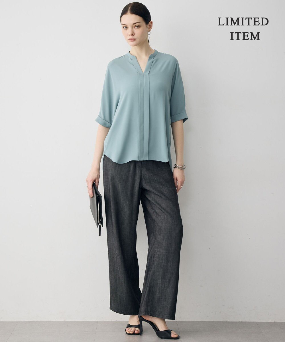ICB 【新色追加・WEB限定】BackSatinAmunzen 5分袖キーネックブラウス 