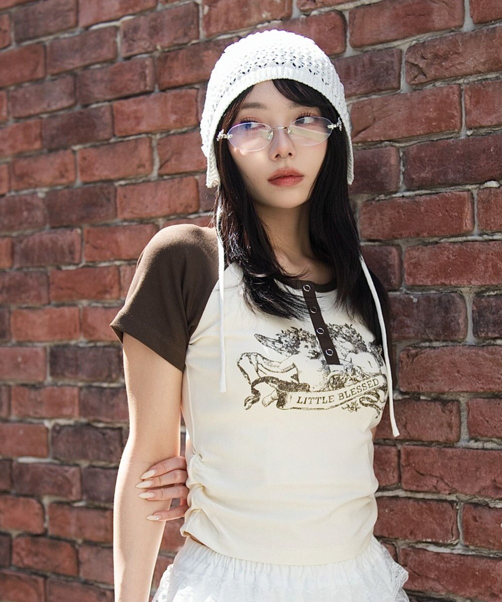 WEGO グラフィックラグランヘンリーネックT 