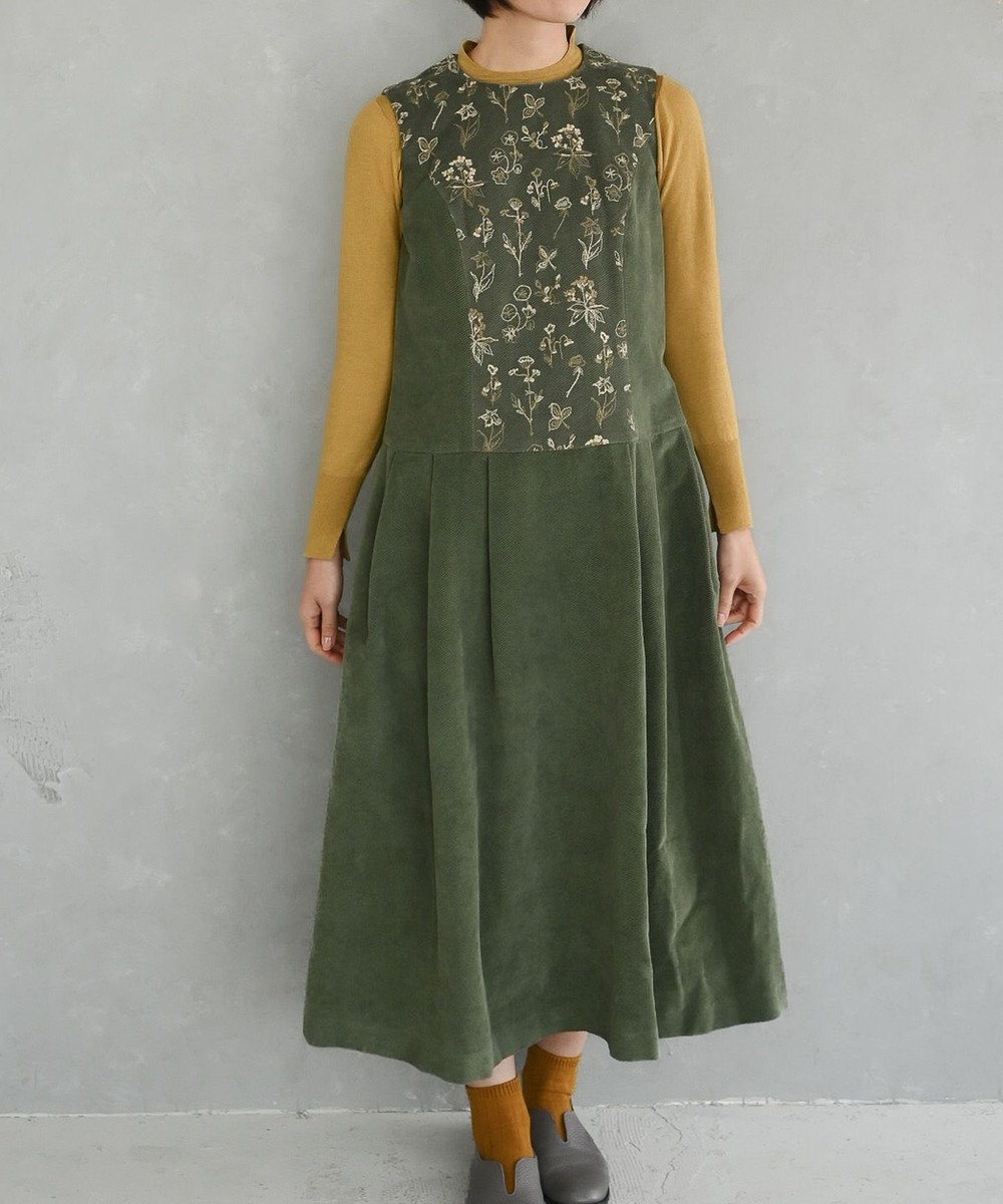 muuc 〈遠州織物の工場で織られた上質なコットンコーデュロイ生地〉花刺繍ワンピースドレス（セットアップ可能） グリーン