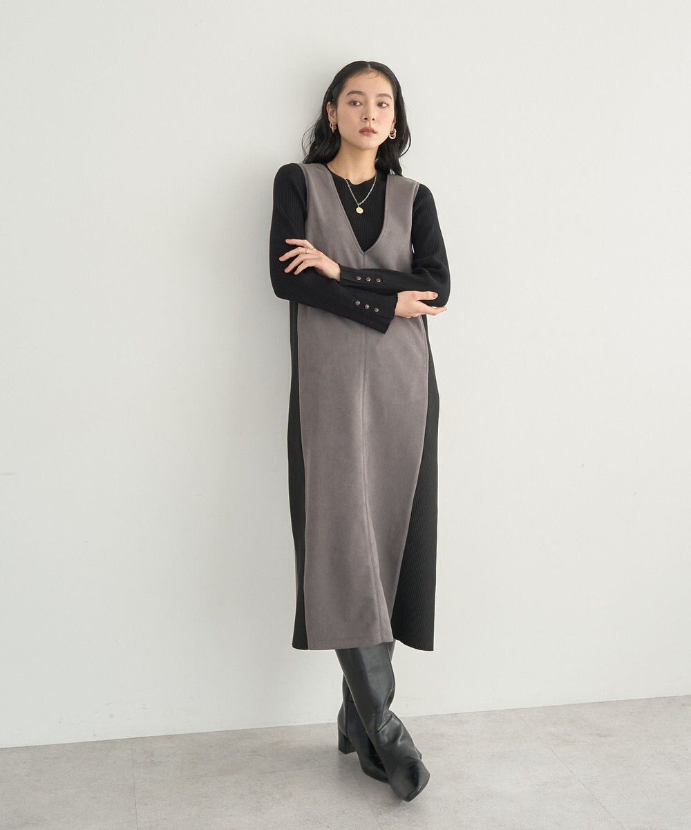 YECCA VECCA ニット切替フェイクスエードジャンスカ 