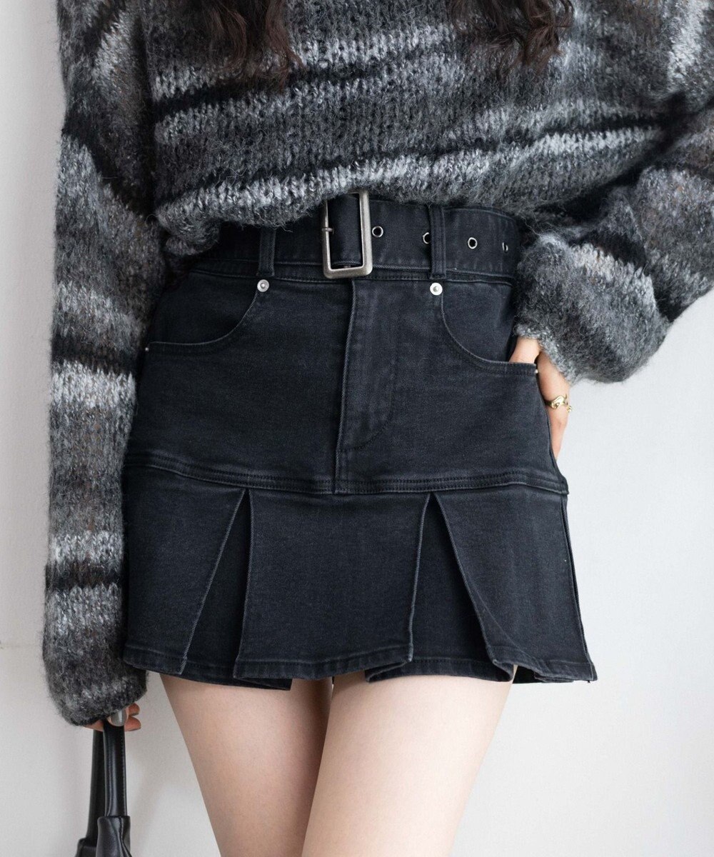 WEGO ベルト付デニムプリーツスカパン 