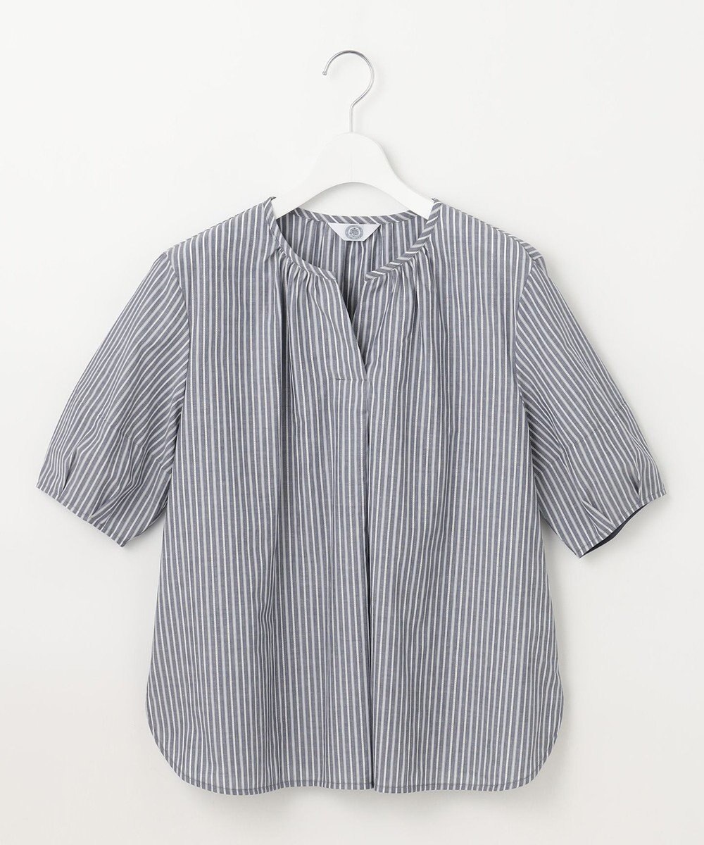 J.PRESS LADIES 【洗える】BEZ空羽ストライプ クルーネック V開き ブラウス 