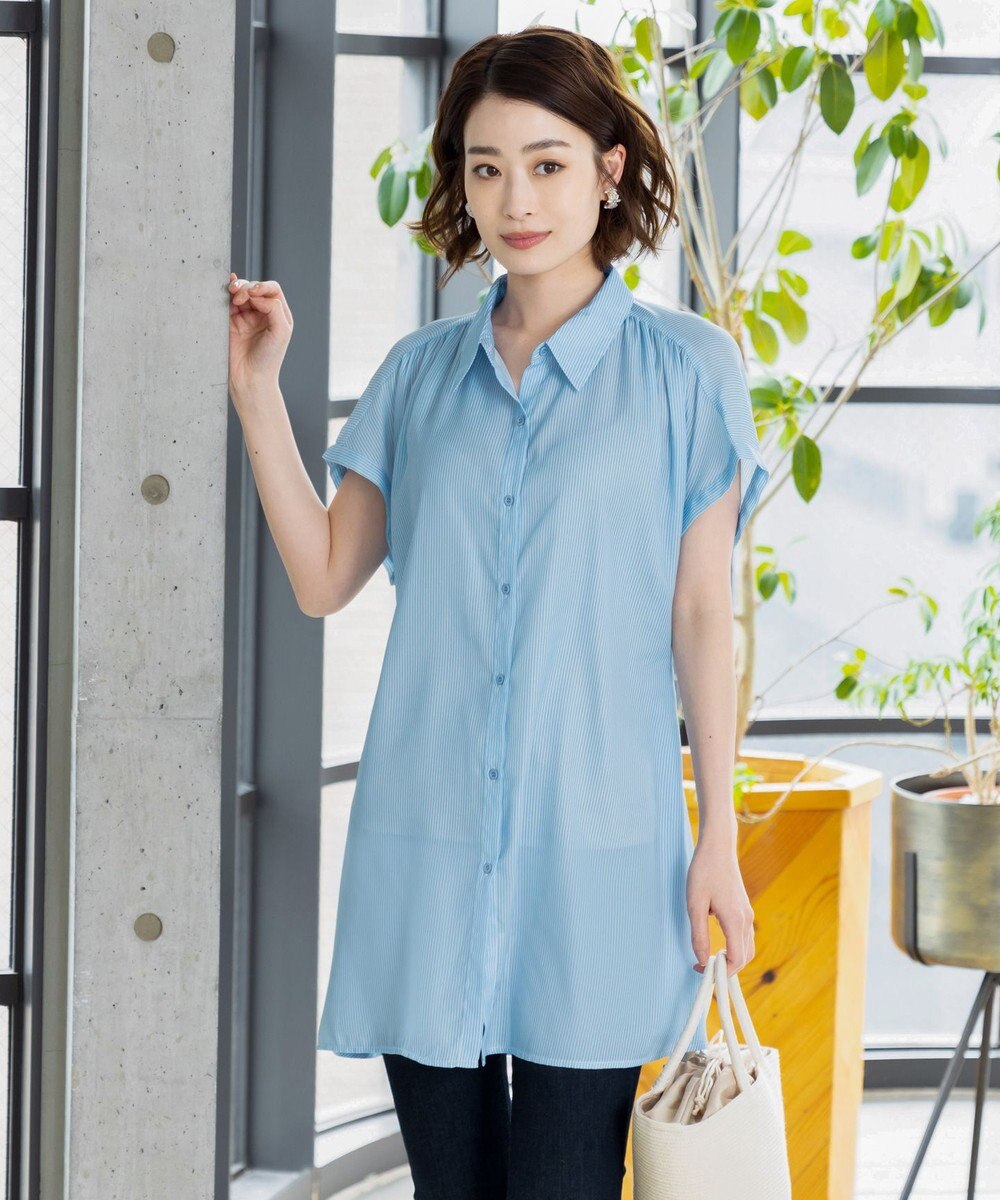 Tiaclasse L 【洗える】フレンチスリーブシャツチュニックブラウス 