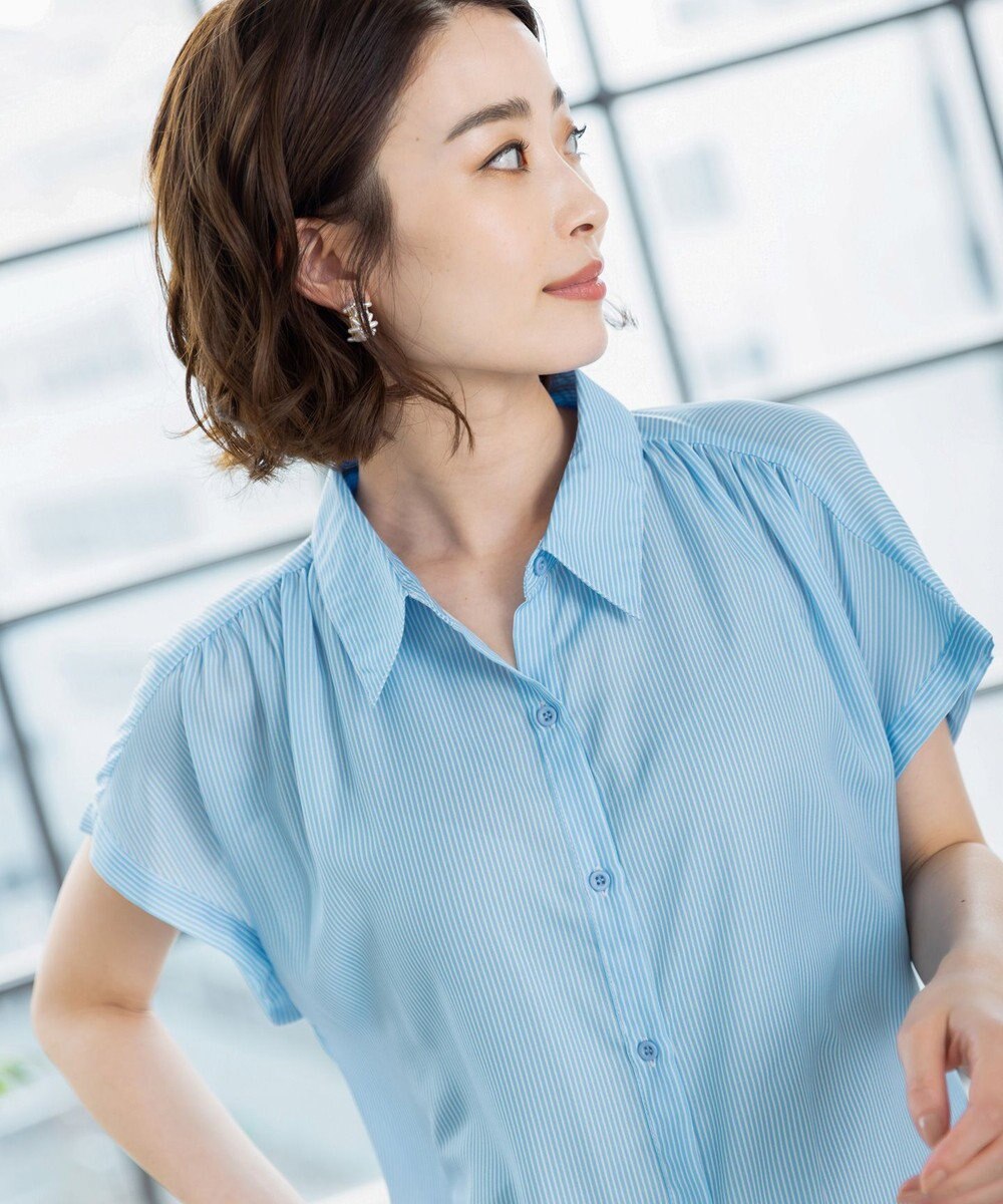 Tiaclasse L 【洗える】フレンチスリーブシャツチュニックブラウス 