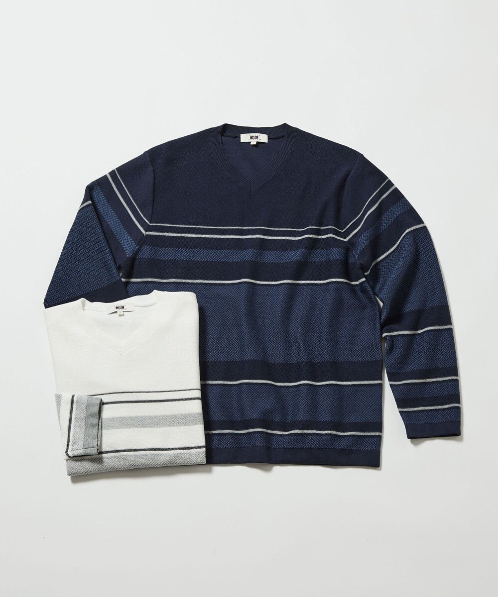 JOSEPH ABBOUD 【滑らかな肌触り】パネルボーダーVネックニット 