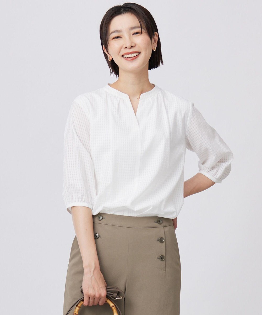 J.PRESS LADIES 【洗える】コットンブレンドチェック バンドカラー カットソー 