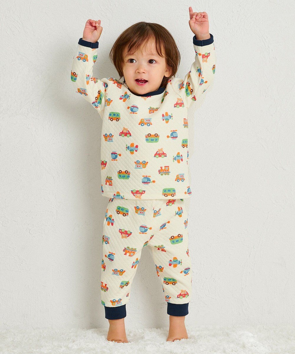 MIKI HOUSE HOT BISCUITS 【80-120cm】 あったかキルト素材 乗り物柄 腹巻き付き長袖パジャマ 