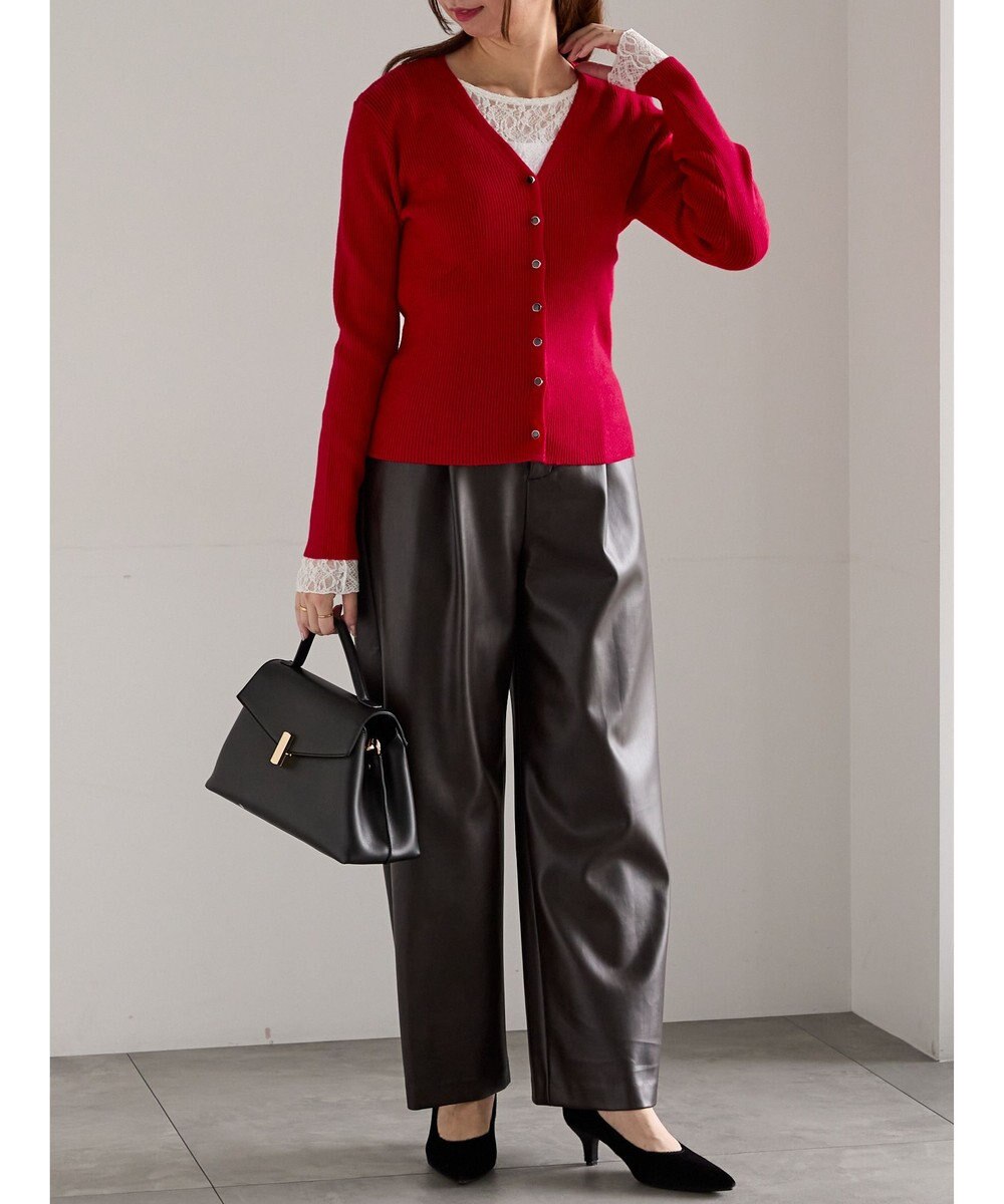 Te chichi ウェーブメタル釦Vネックリブカーディガン 