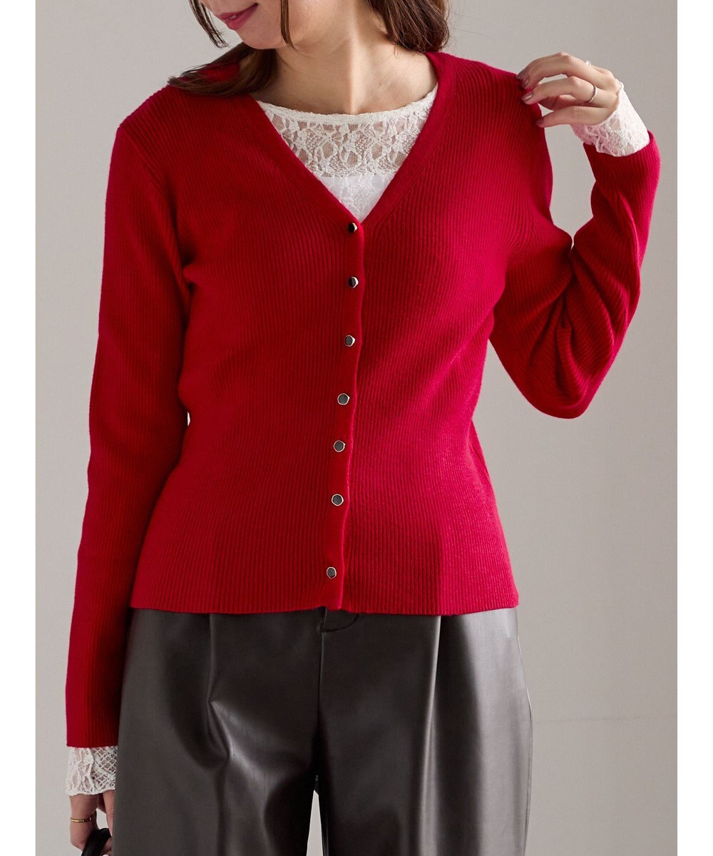 Te chichi ウェーブメタル釦Vネックリブカーディガン 