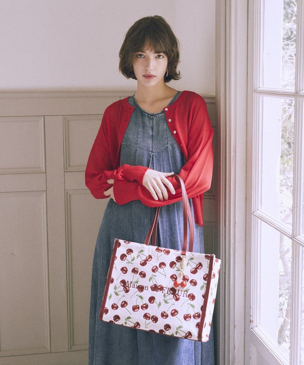 Maison de FLEUR チェリー柄ゴブランスクエアトートバッグ 
