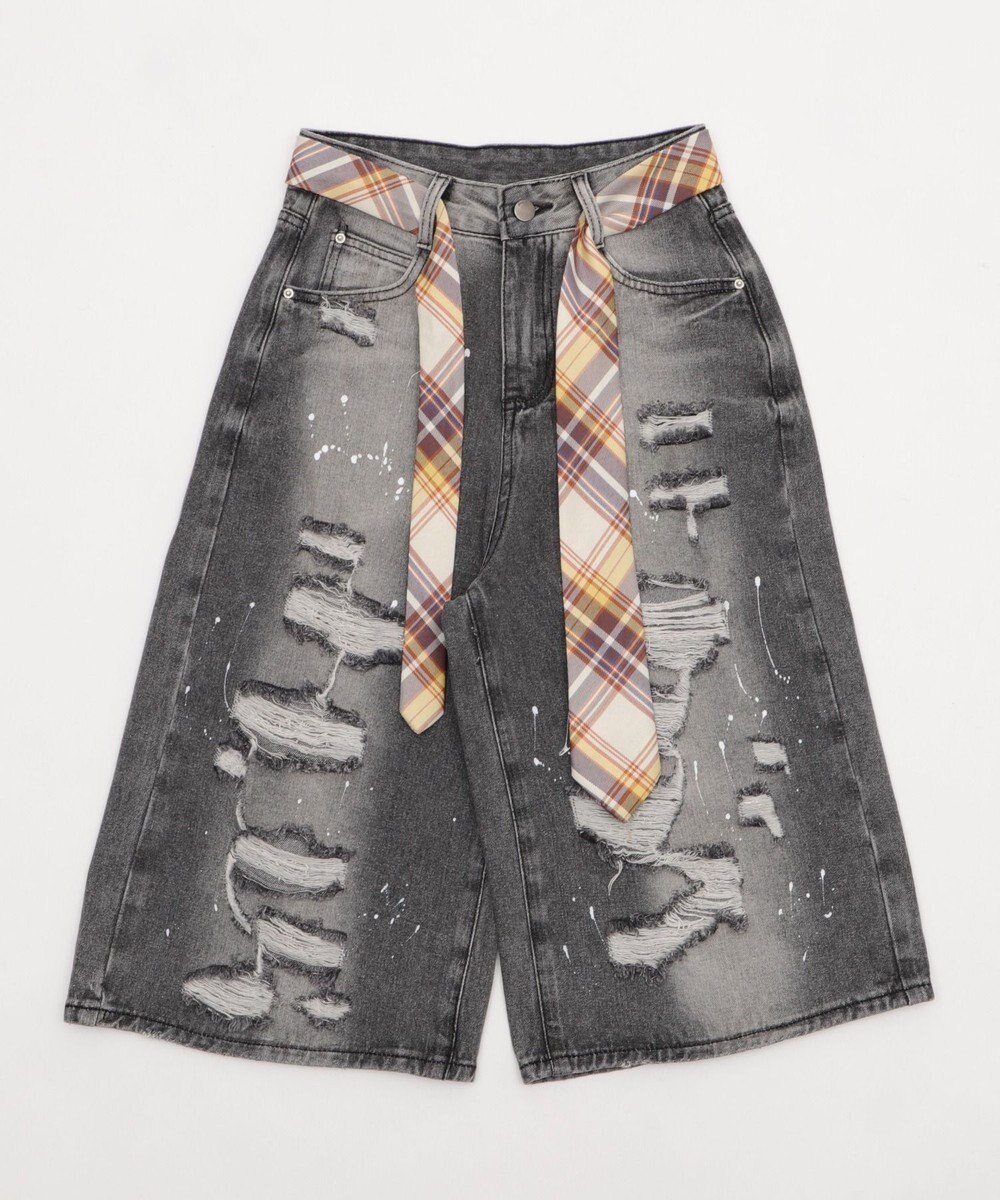 WEGO タイ付きダメージハーフデニムパンツ 