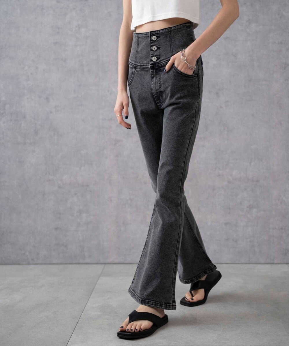WEGO ハイウエストストレッチフレアデニムパンツ 