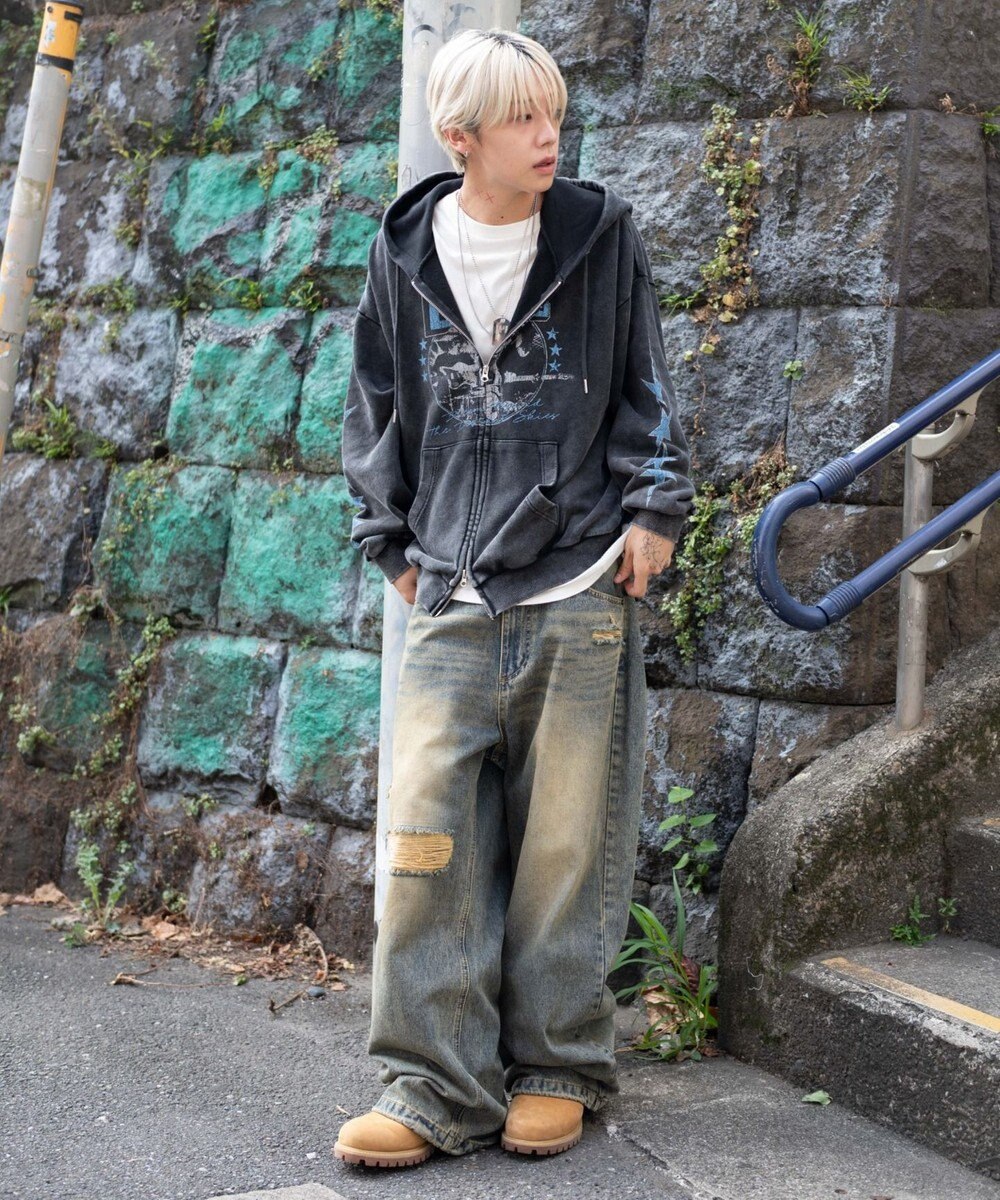 WEGO 【ユニセックス着用ITEM/MLサイズ展開】パウダーブリーチグラフィックZIPパーカー 