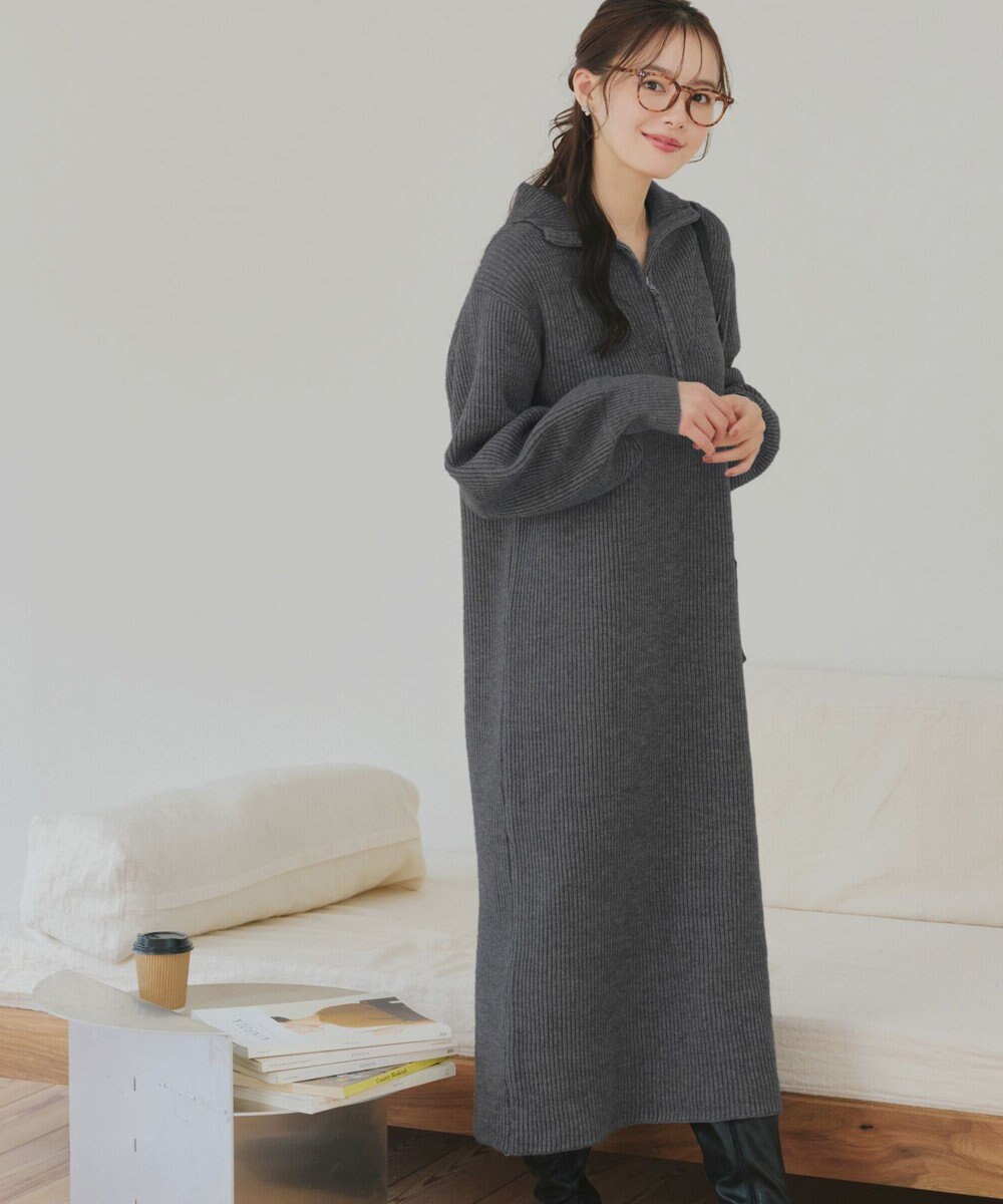 Tiaclasse 【洗える】ハーフジップリブニットワンピース 