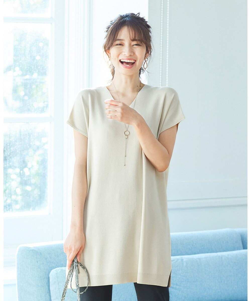 Tiaclasse L 【洗える】さらりと肌離れの良いフレンチスリーブニットチュニック 