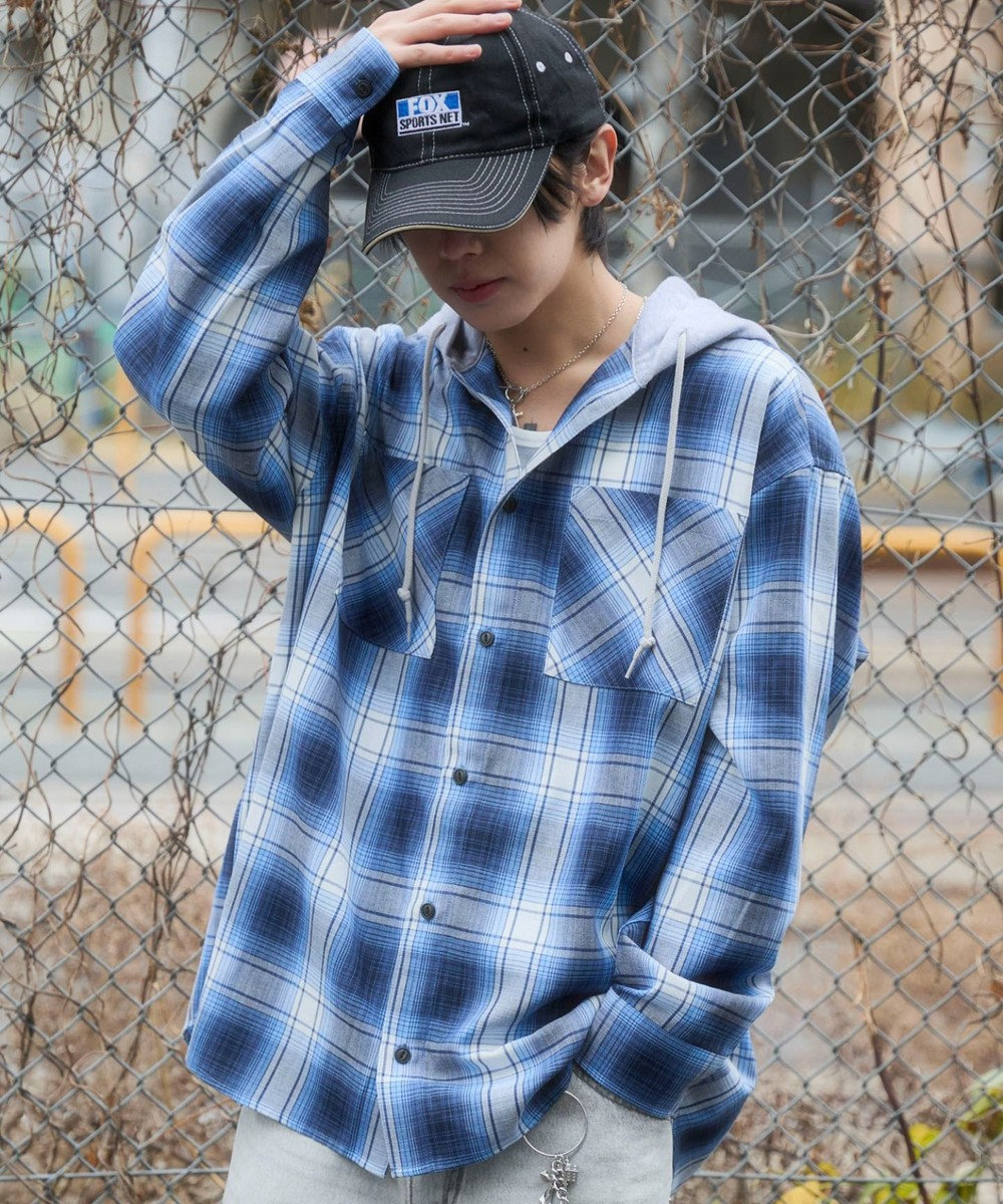 WEGO 【ユニセックス着用ITEM/MLサイズ展開】オンブレチェックフードシャツ（LS） 