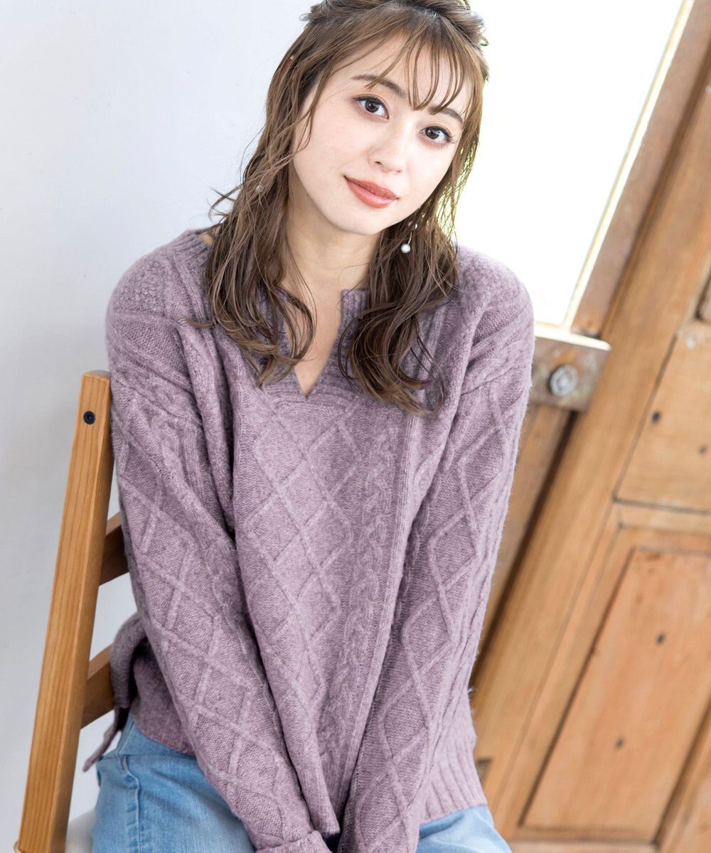 Tiaclasse L 【洗える】アラン柄キーネックニットトップス 