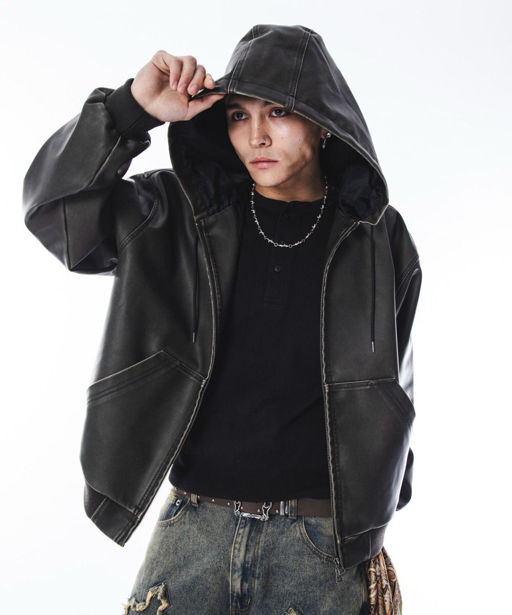 WEGO 【ユニセックス着用ITEM】PUフードブルゾン 