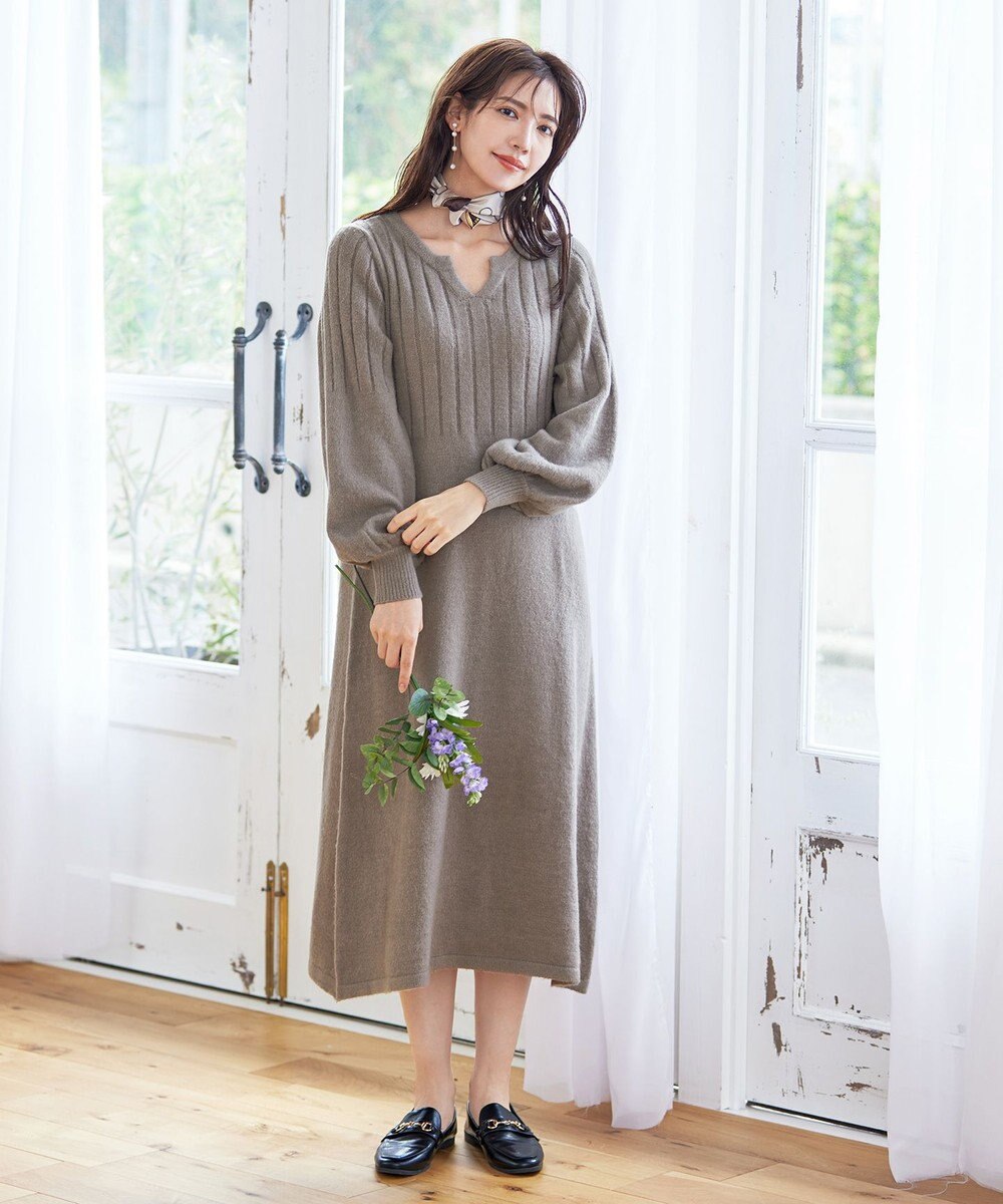 Tiaclasse 【洗える】パフスリーブリブ編みニットワンピース 