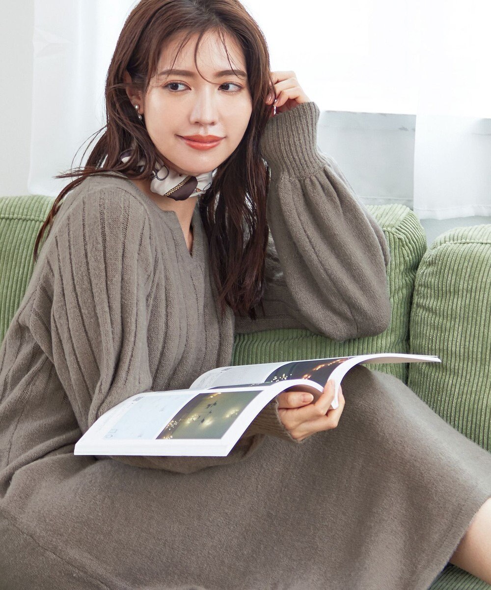 Tiaclasse 【洗える】パフスリーブリブ編みニットワンピース 