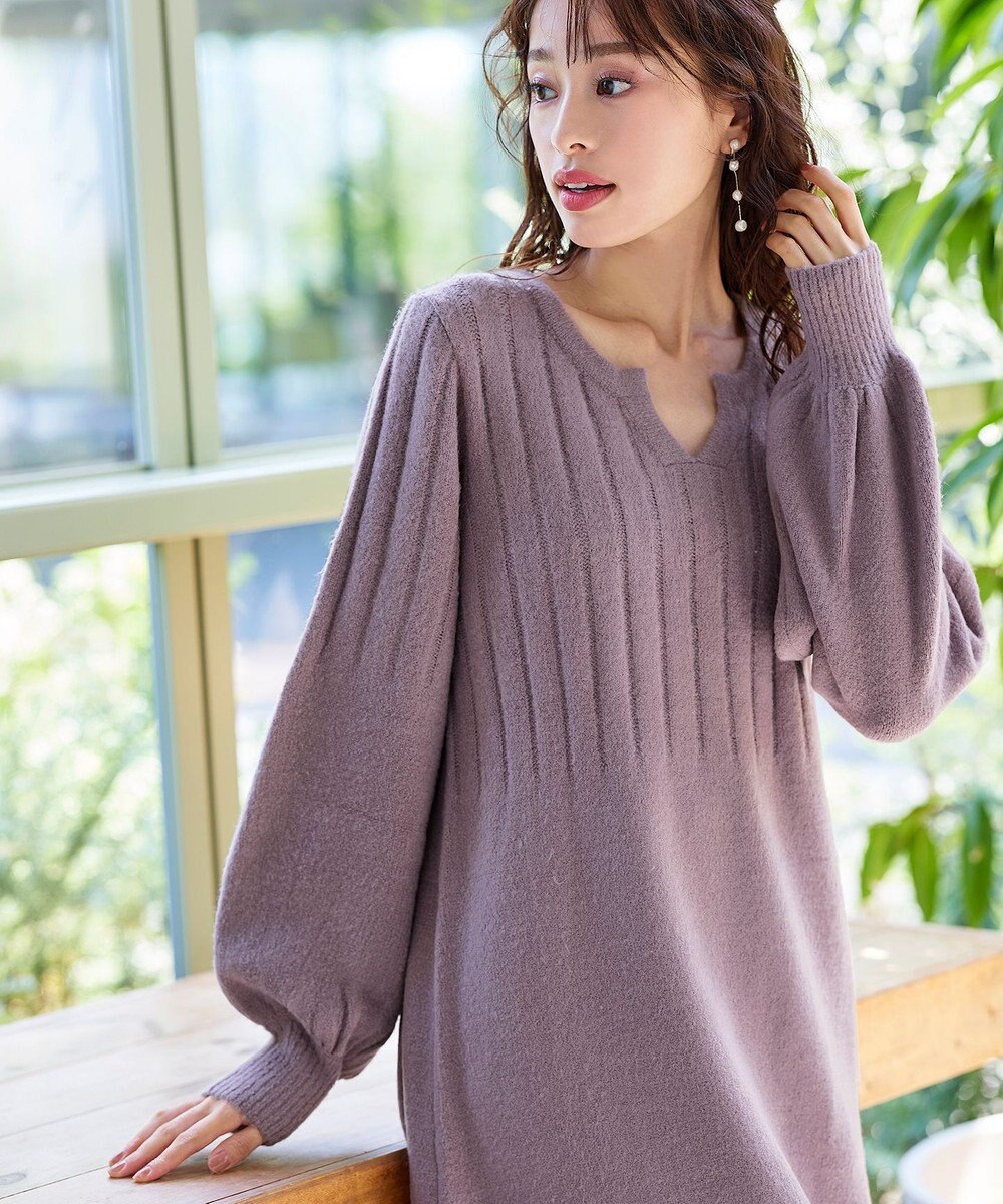 Tiaclasse L 【洗える】パフスリーブリブ編みニットワンピース 