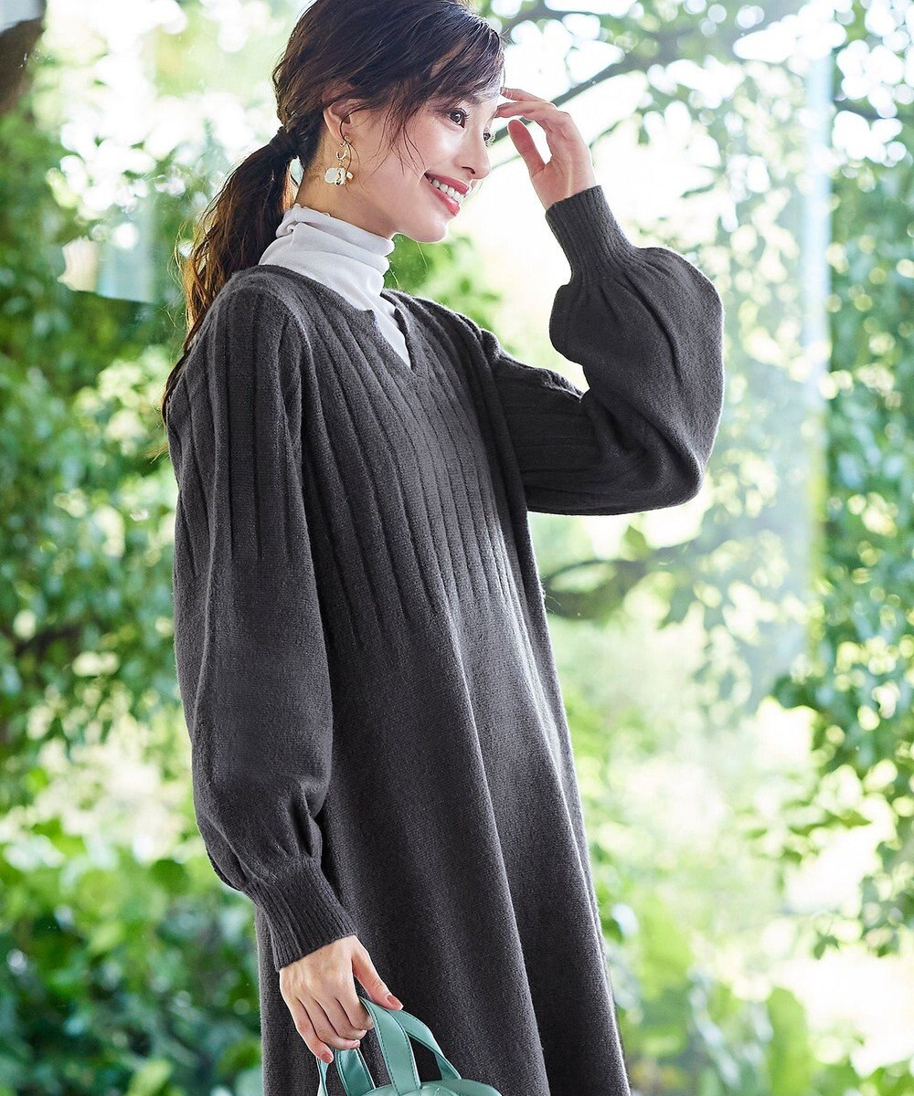 Tiaclasse 【洗える】パフスリーブリブ編みニットワンピース 