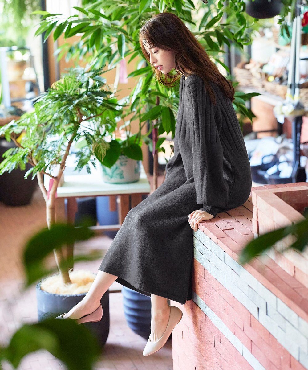 Tiaclasse 【洗える】パフスリーブリブ編みニットワンピース 