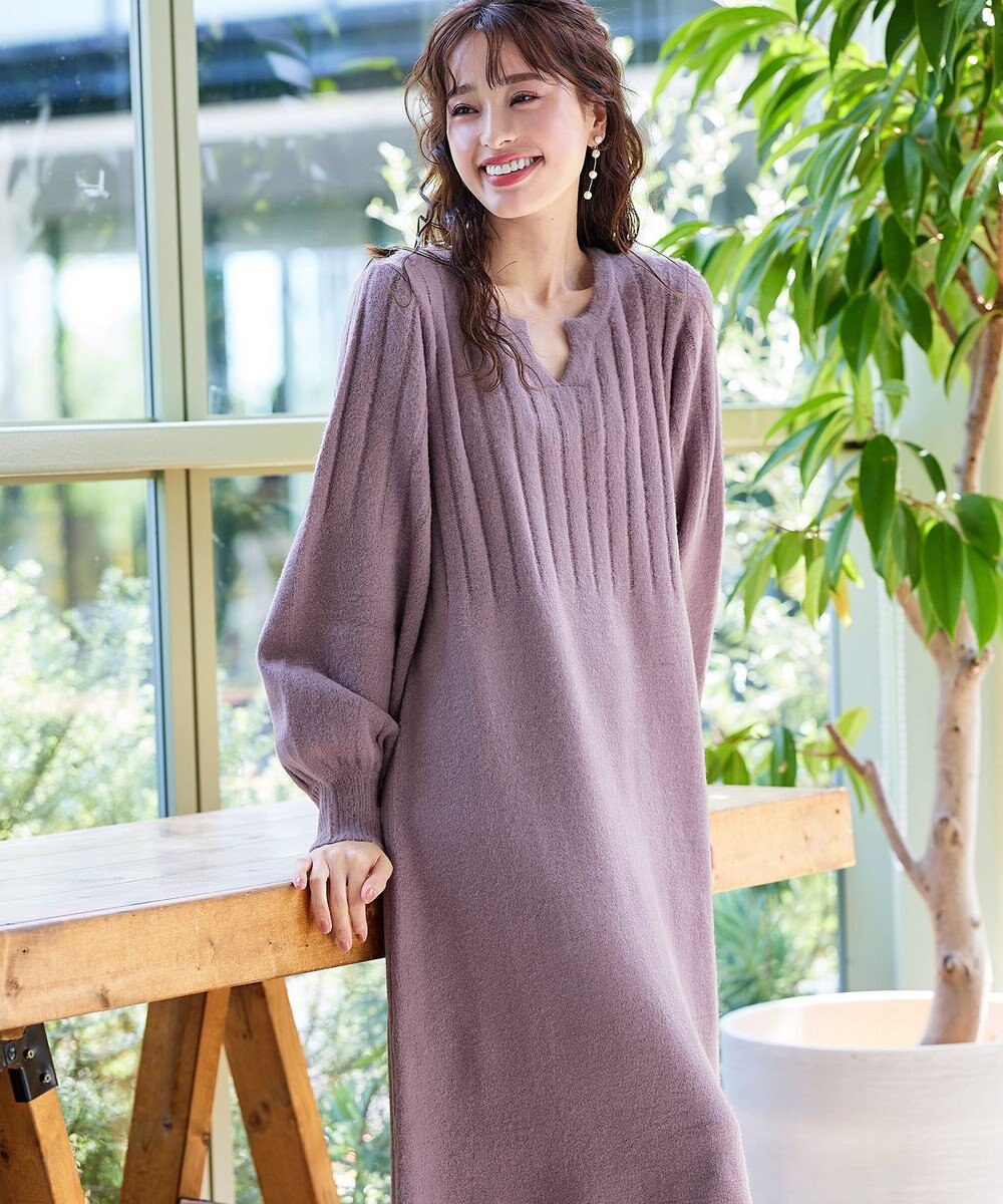 Tiaclasse 【洗える】パフスリーブリブ編みニットワンピース 