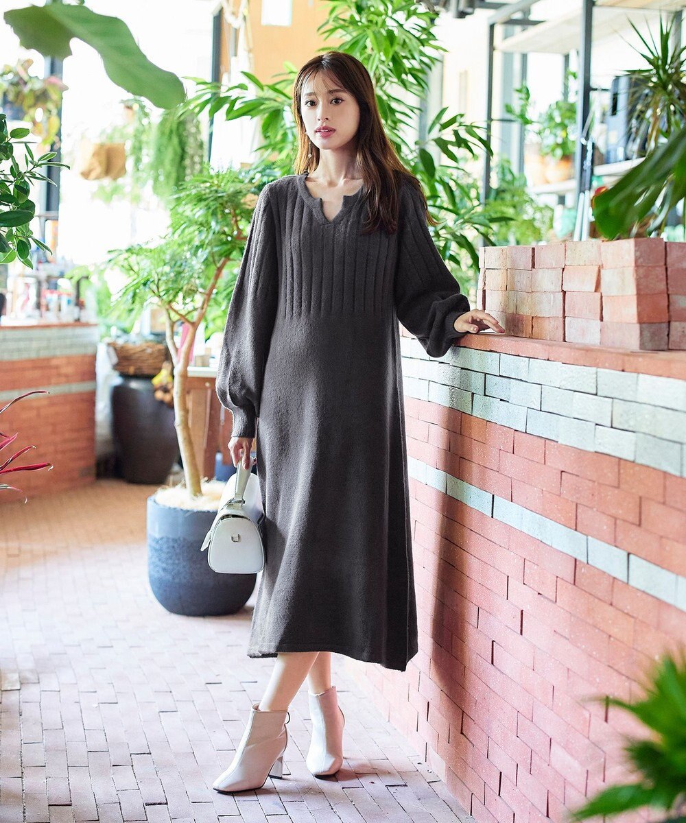 Tiaclasse 【洗える】パフスリーブリブ編みニットワンピース 