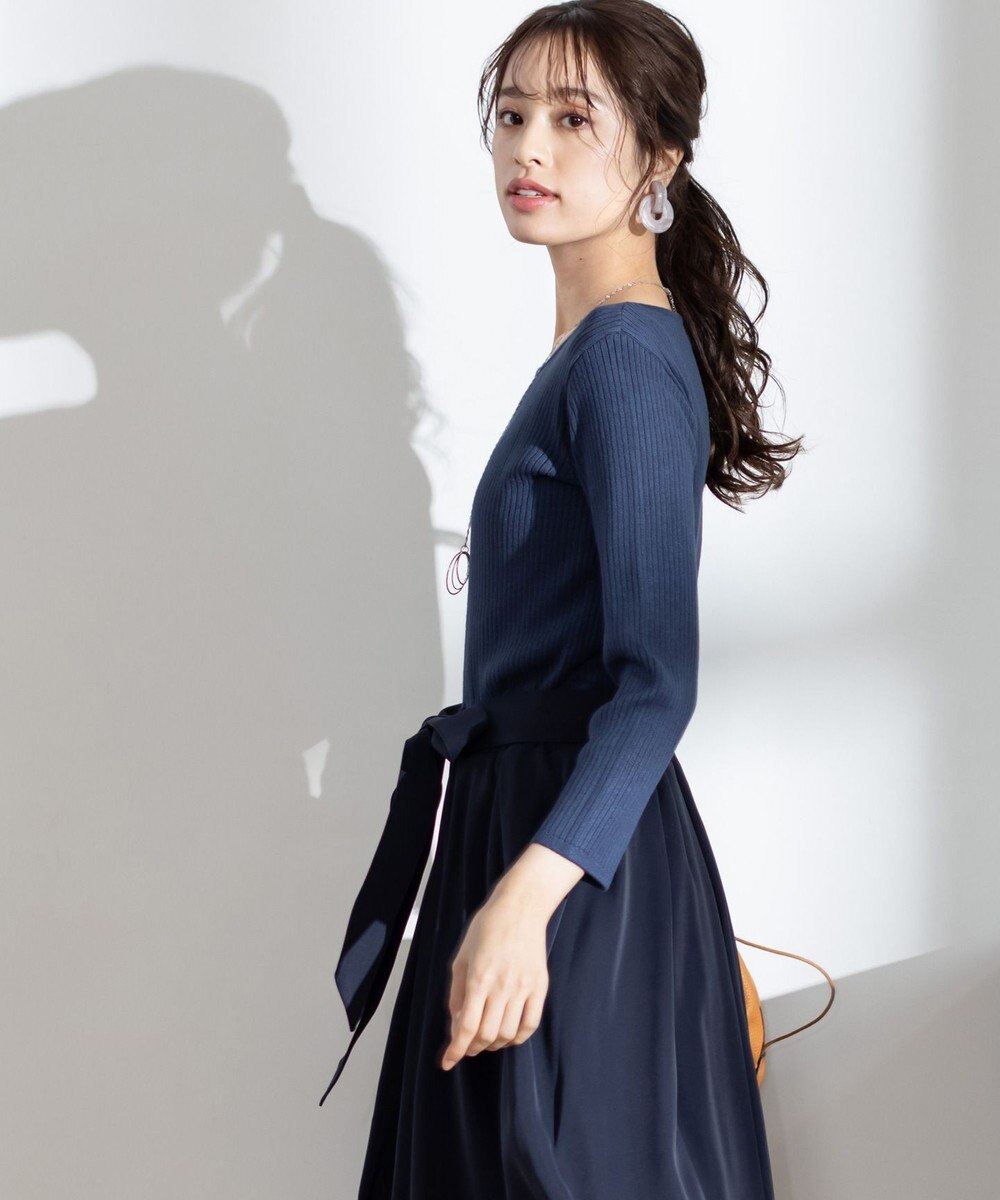 Tiaclasse L 【洗える】異素材を組み合わせたミモレ丈リブコンビワンピース 