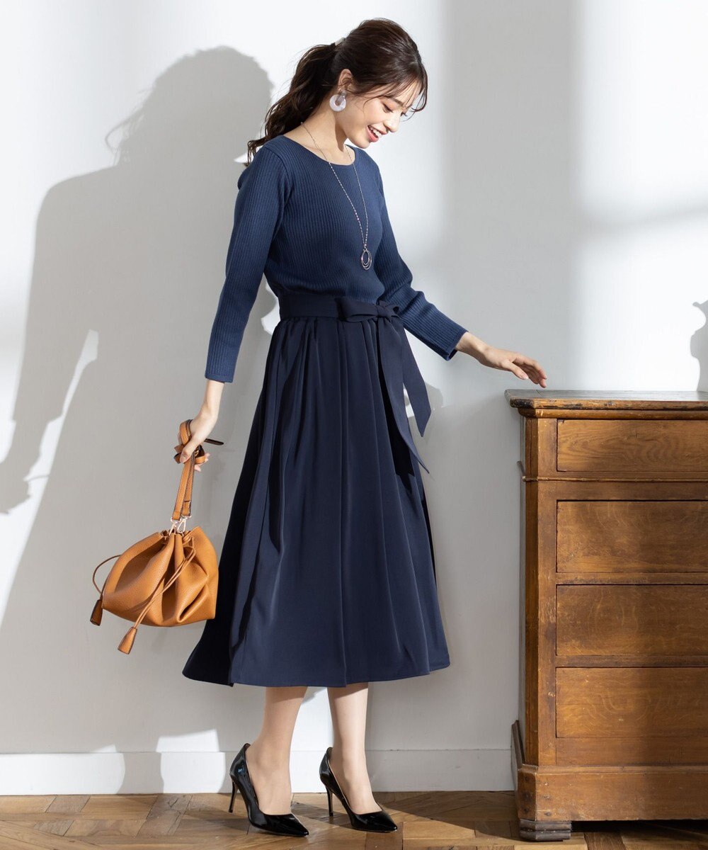 Tiaclasse L 【洗える】異素材を組み合わせたミモレ丈リブコンビワンピース 