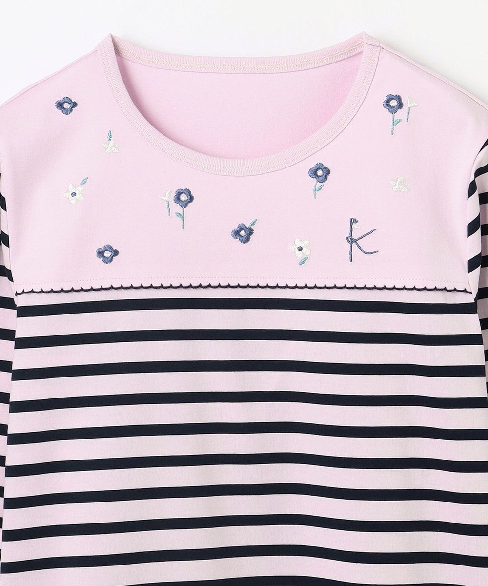 組曲 KIDS 【150-160㎝】フラワー刺繍ボーダー Tシャツ 