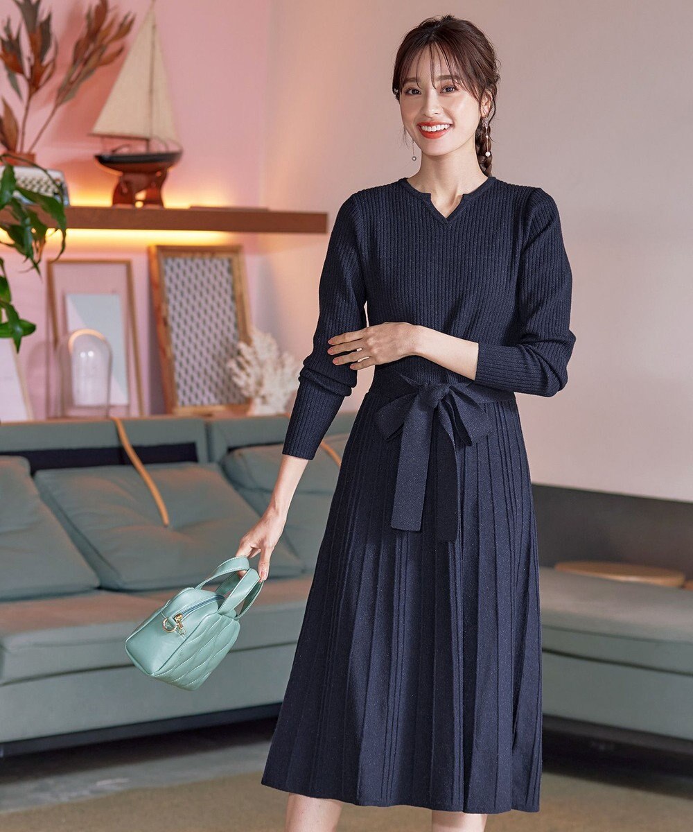 Tiaclasse 【洗える】プリーツ編みラメニットフレアワンピース 