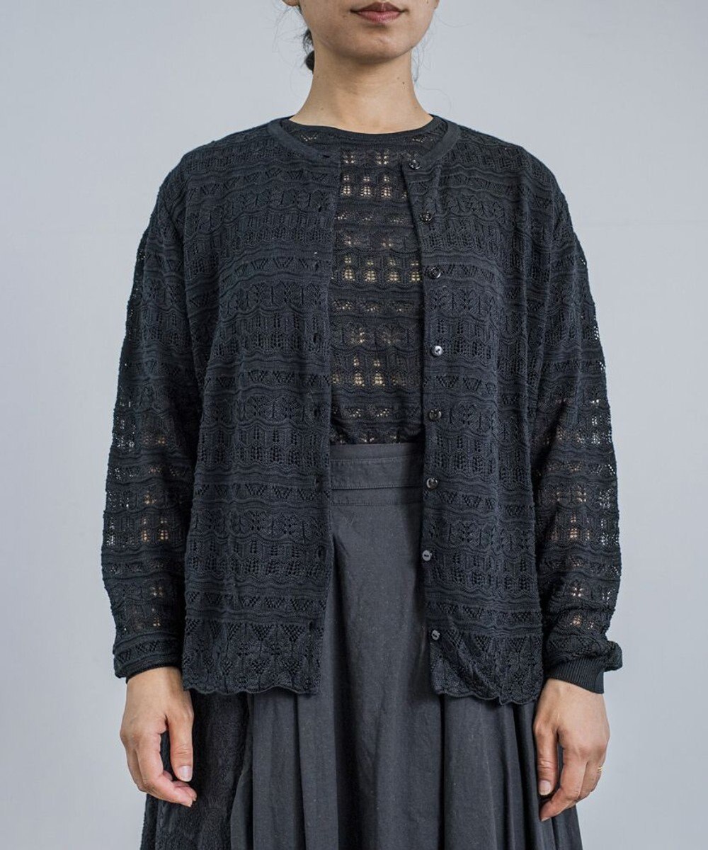 muuc 〈高品質シルク100%〉〈通年着られる〉透かし編み 袖リブあり シェルボタン使用 カーディガン ブラック